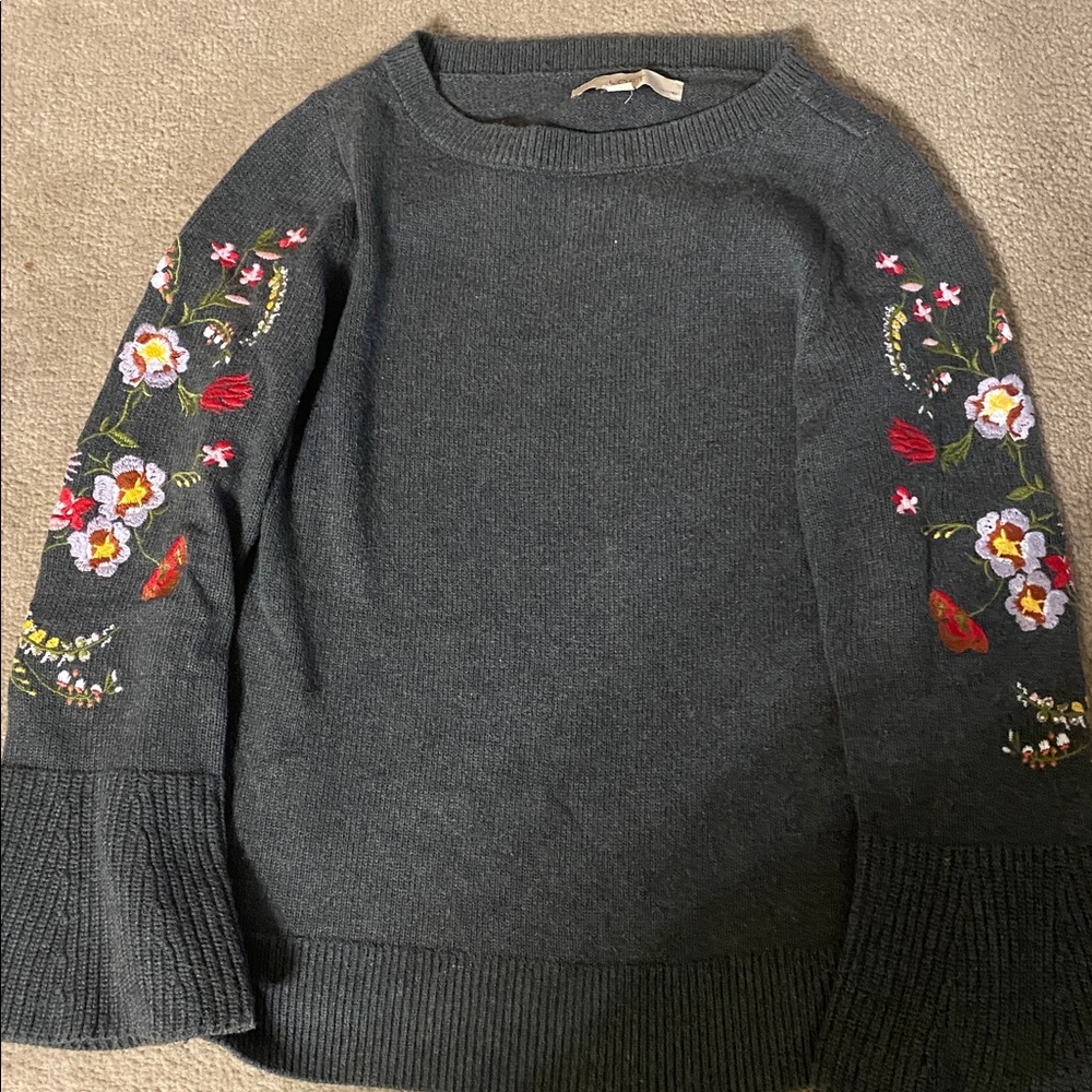 LOFT Gray Sweater with Floral Embroidery